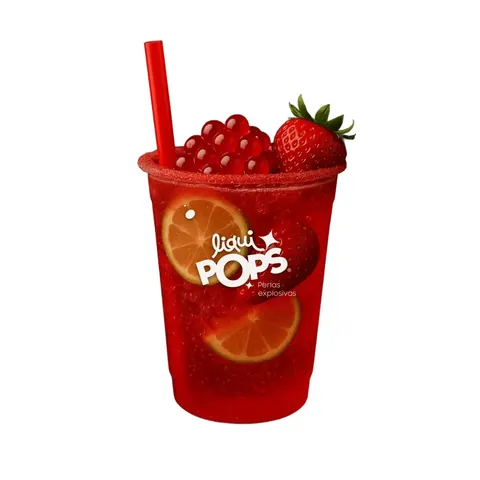 Vaso de bubble tea de frutilla con perlas explosivas rojas y sorbete ancho